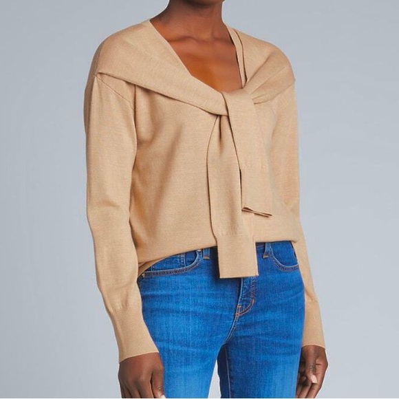 Veronica Beard LENI STRIPE TIE NECK MERINO WOOL SWEATER IN CAMEL Size L - Picture 1 of 9